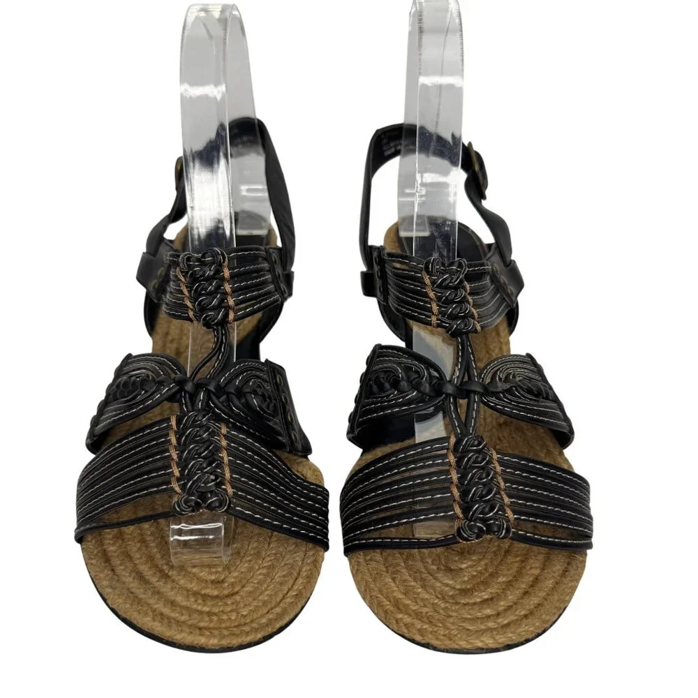 VTG Steven Steve Madden Black Faux Leather Strappy Wedge Sandal Braid Detail Sz8